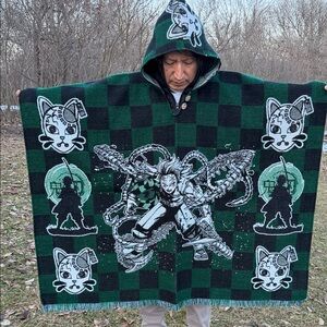 Green and Black Hooded Poncho with Anime Design